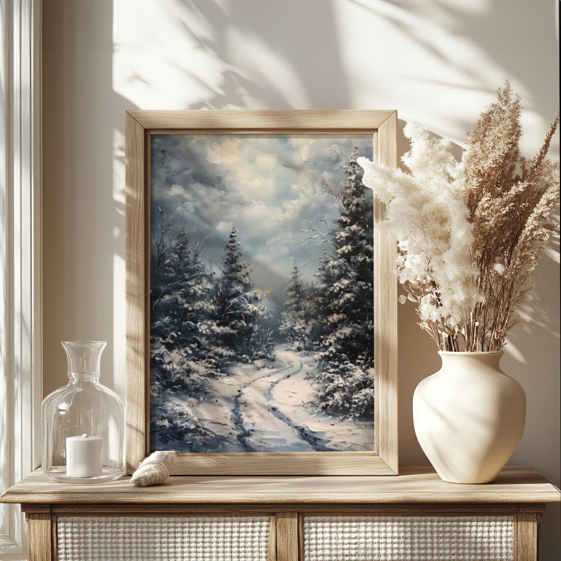 Snowy Forest Path Winter Evergreens Moody Landscape Painting Poster - Image 2