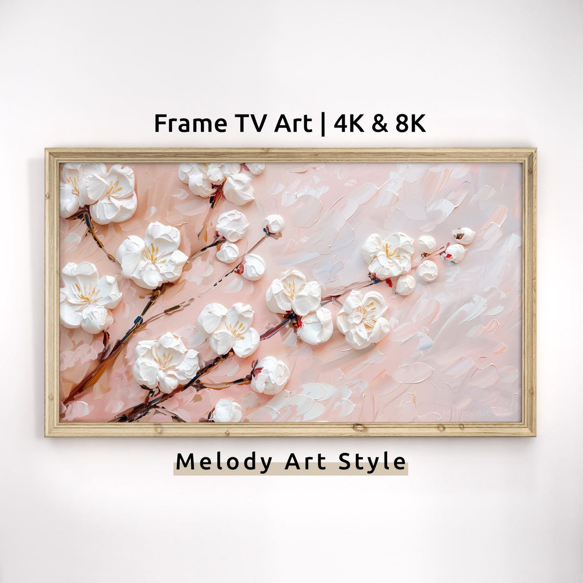 White Blossom 3D Floral Impasto Frame TV Art Pink Spring Poster