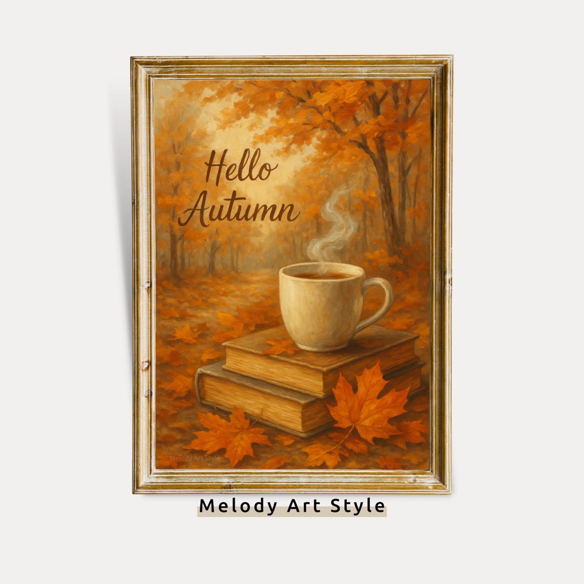 Hello Autumn Steaming Coffee Cup on Books Cozy Fall Decor Poster