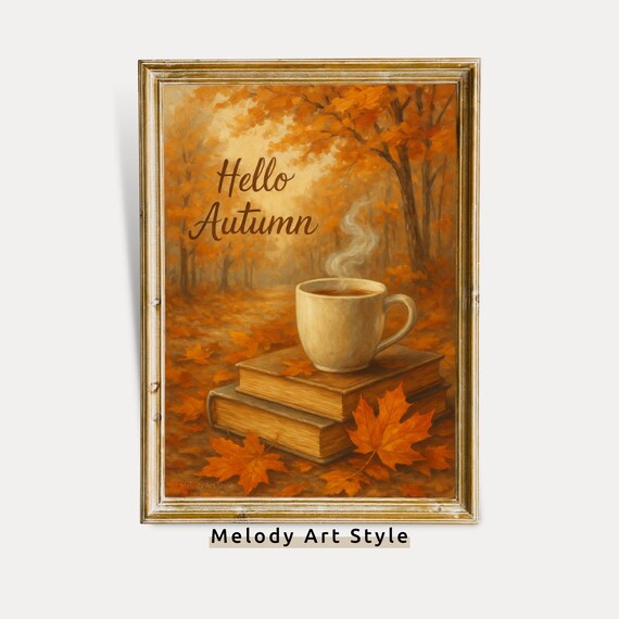 Hello Autumn Steaming Coffee Cup on Books Cozy Fall Decor Poster
