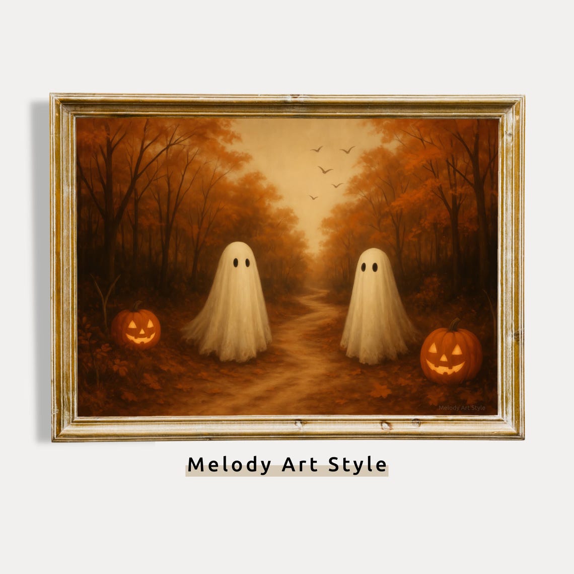 Two Ghosts And Jackolanterns Halloween Art Cozy Autumn Forest Wall Print Cute Spooky Fall Decor Vintage Path P638