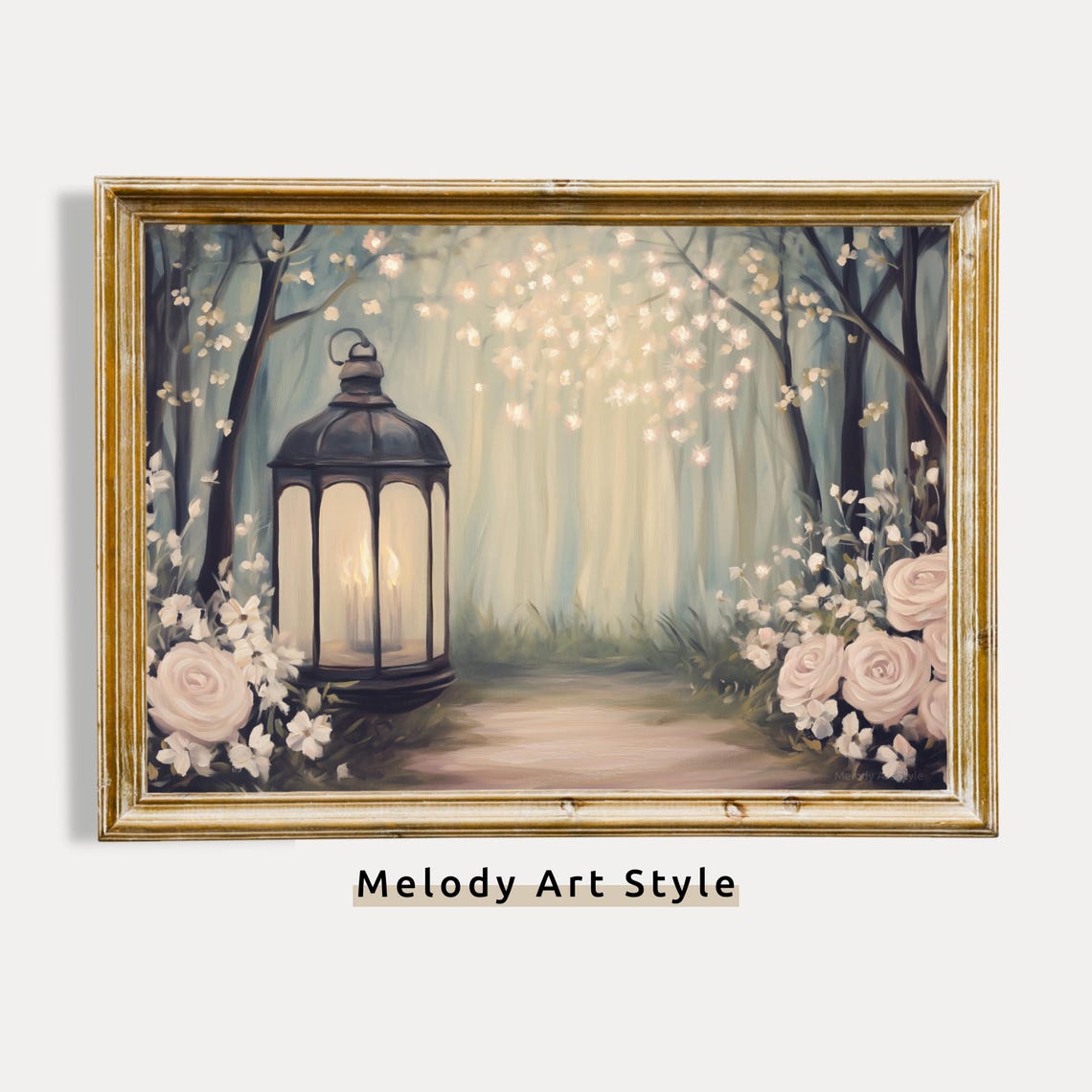 Glowing Lantern on an Enchanted Forest Path Floral Fantasy Art Poster