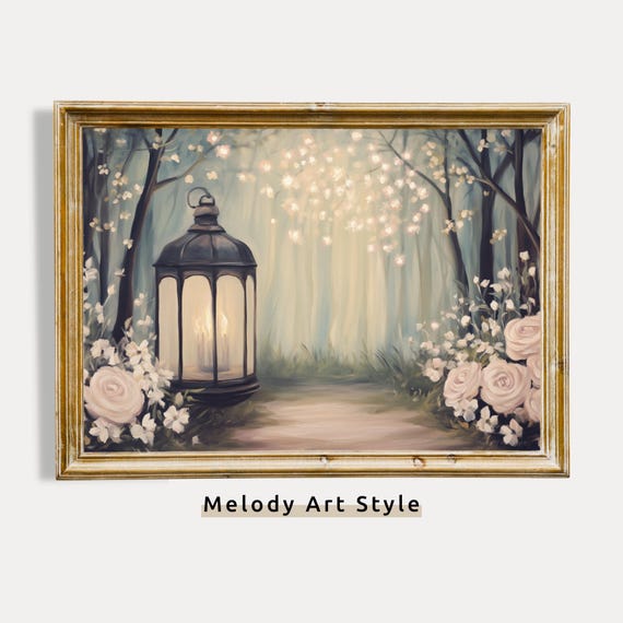 Magical Lantern In Enchanted Forest Wall Art Soft Glowing Path With Florals Whimsical Decor P585