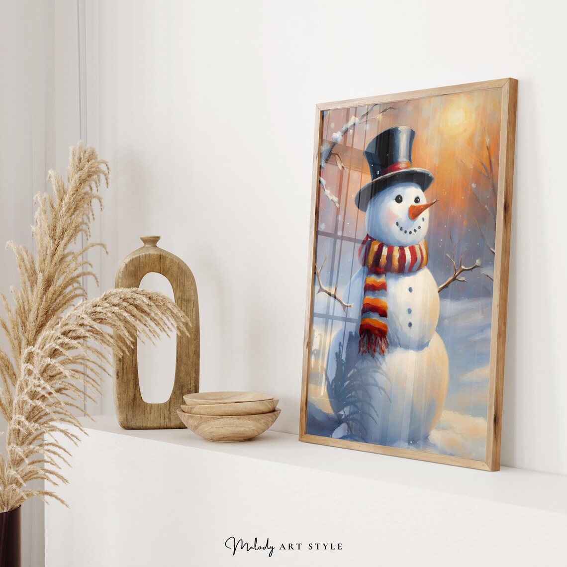 Snowman With Top Hat And Striped Scarf Winter Sunset Holiday Poster - Image 2