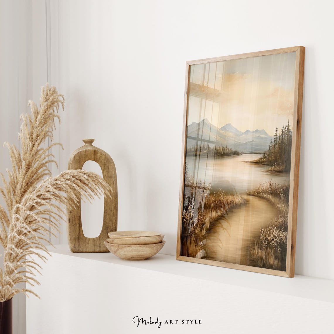 Tranquil Lake And Mountain Path Wall Art Neutral Toned Landscape Rustic Nature Wall Art Art Print P347 - Image 2