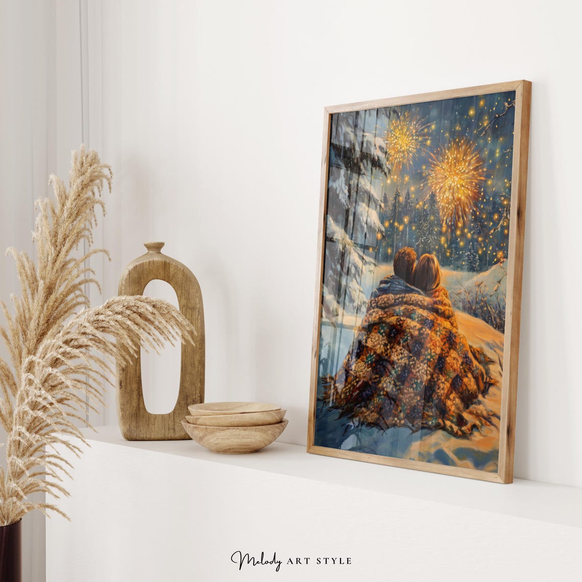 Couple Under Blanket Watching Fireworks Snowy Forest Night Poster - Image 2