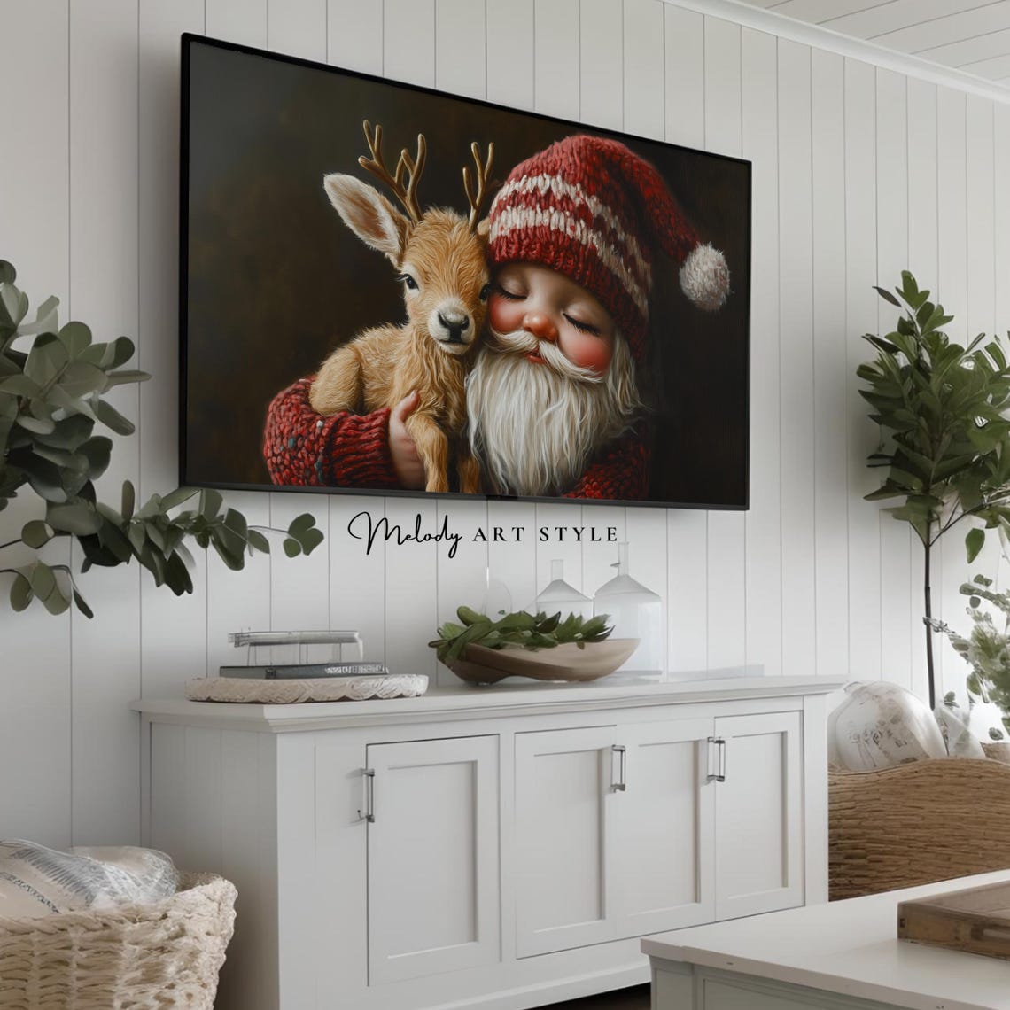 Santa Ganome With Baby Reindeer Frame Tv Art 4k 8k Cute Christmas Oil Painting Holiday Screensaver Artwork Wallpaper F129 - Image 2