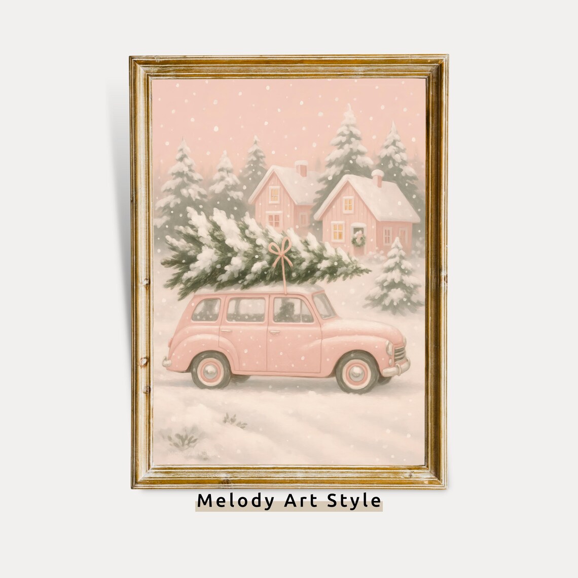 Pink Vintage Car Carrying Christmas Tree Snowy Holiday Art Poster
