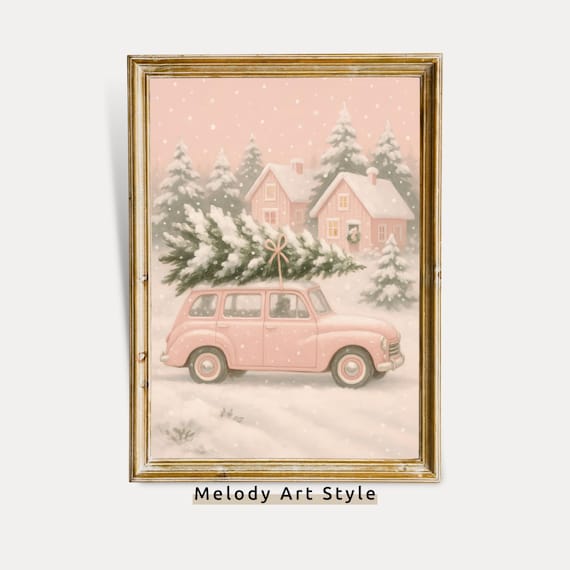 Pink Christmas Car Wall Art Holiday Winter Pastel Home Decor Cute Tree Poster Vintage Print P724