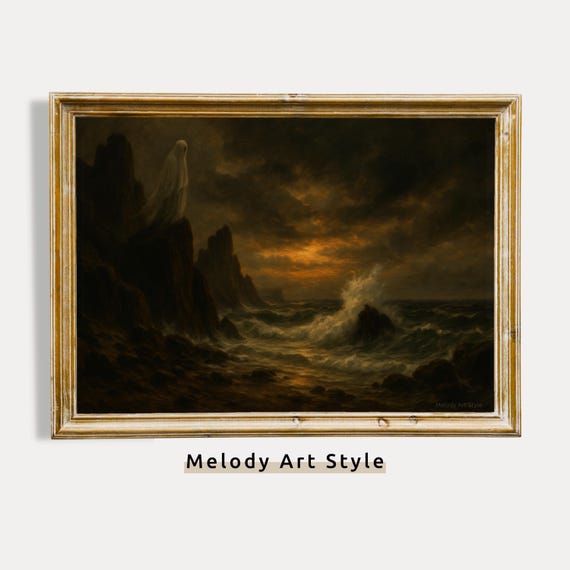 Haunting Coastal Cliff Art Moody Gothic Seaside Wall Print Dark Academia Ocean Painting Halloween Stormy Sea P636
