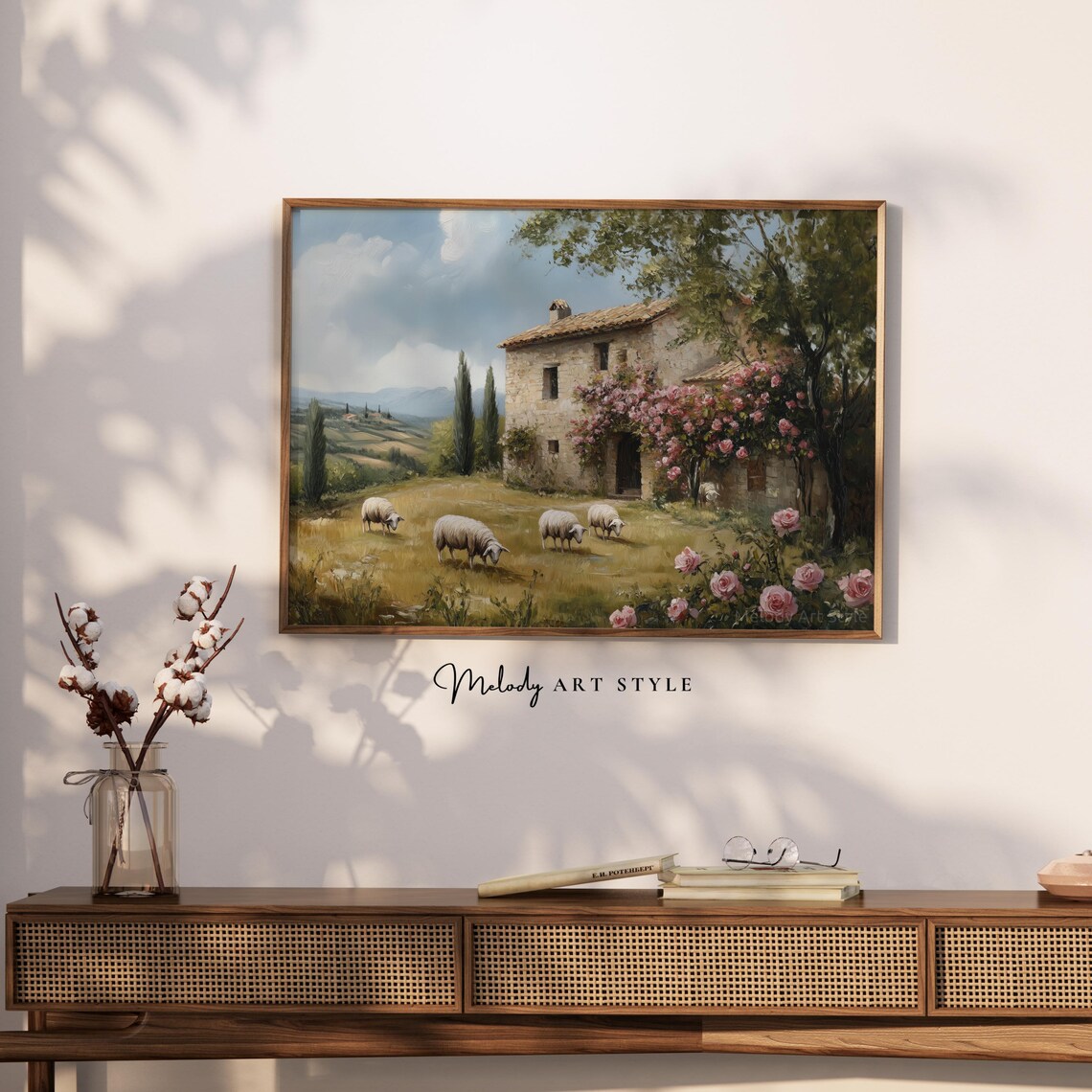 Mediterranean Stone Farmhouse Sheep Grazing Roses Vintage Wall Art - Image 2