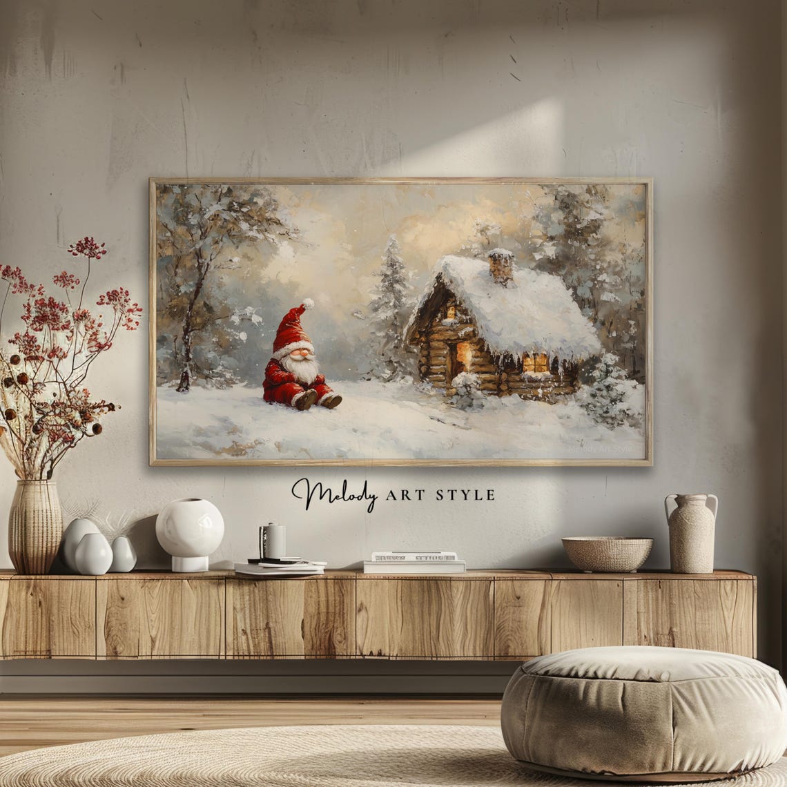 Santa Gnome By Snowy Log Cabin Warm Window Lights Winter Night Poster - Image 2