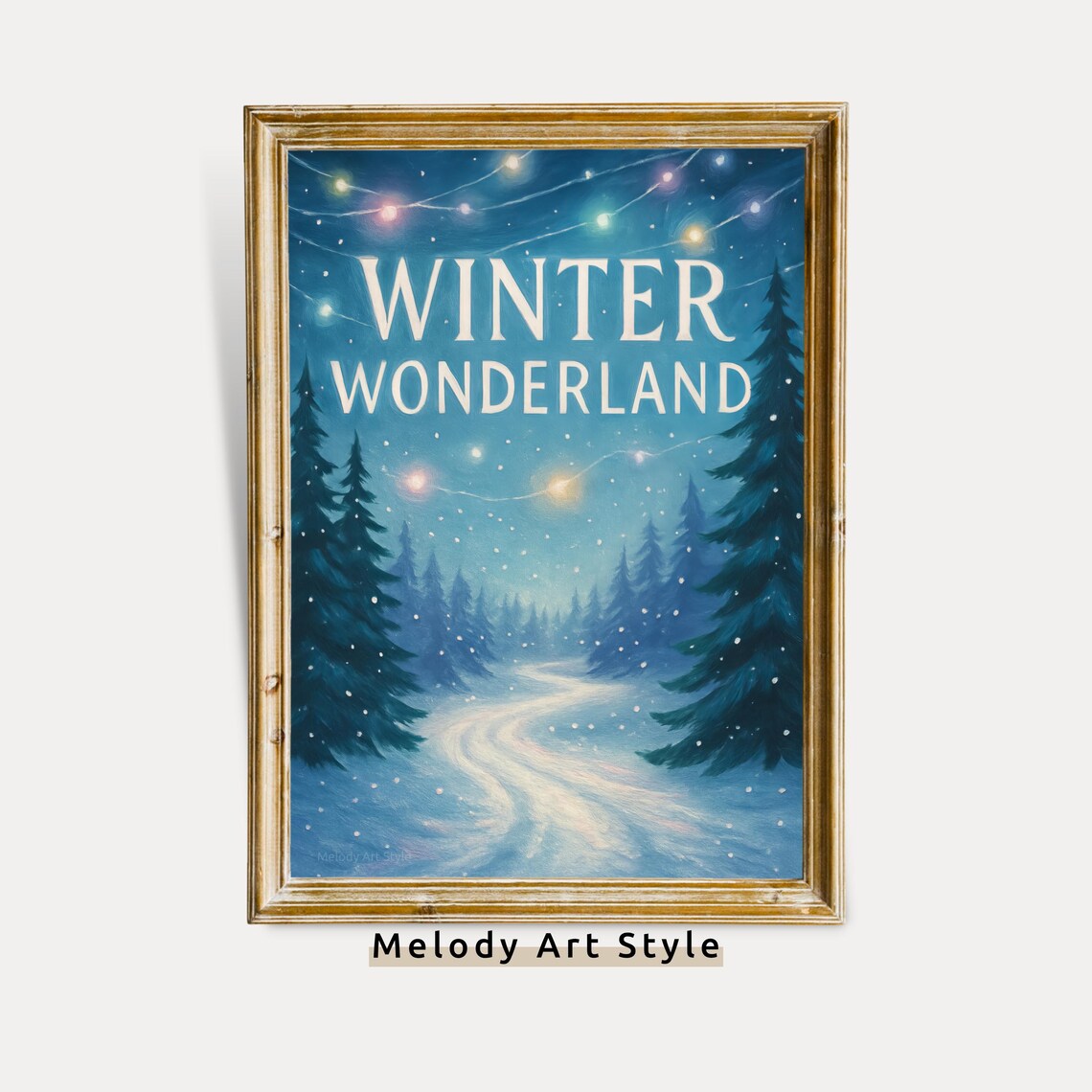 Winter Wonderland Text Over Snowy Pine Forest With String Lights Poster