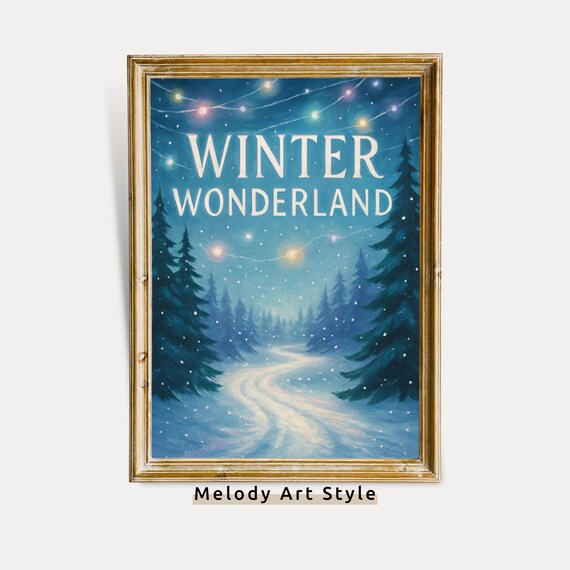 Winter Wonderland Text Over Snowy Pine Forest With String Lights Poster