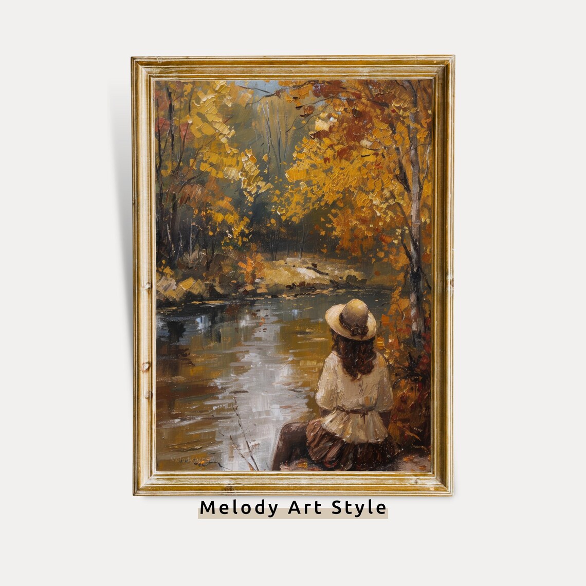 Autumn Riverside Woman Straw Hat Golden Fall Foliage Art Poster