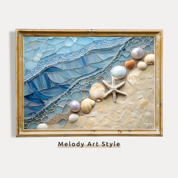 3d Beach Mosaic Wall Art Coastal Seashell And Starfish Nautical Decor Ocean Waves Artwork Summer P211