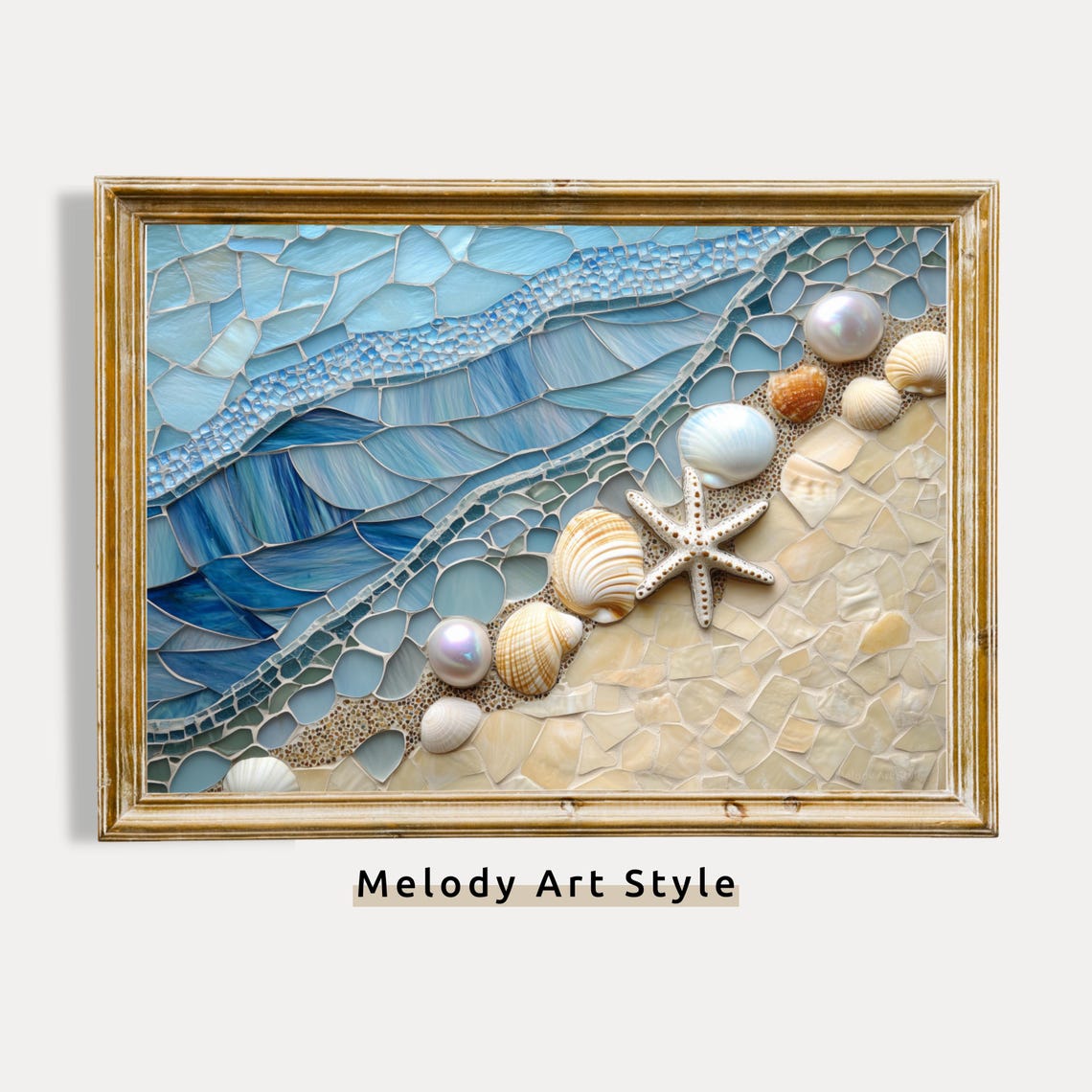 3D Beach Mosaic Seashells Starfish Coastal Ocean Waves Wall Art Poster