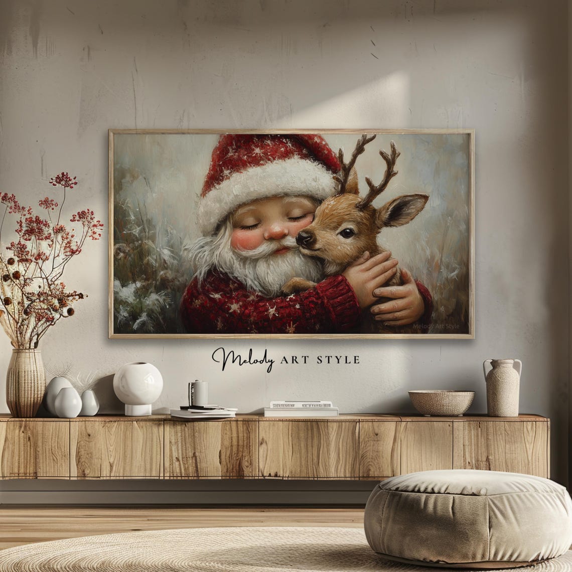 Santa Ganome With Baby Reindeer Frame Tv Art 4k 8k Cute Christmas Oil Painting Holiday Screensaver Artwork Wallpaper F130 - Image 2