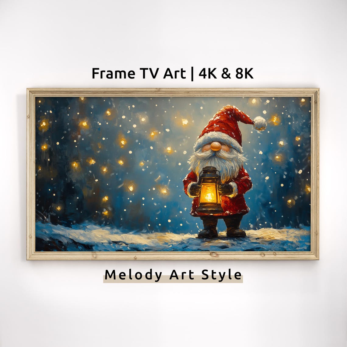 Santa Gnome Holding Lantern Snowy Night Christmas Frame TV Art Poster