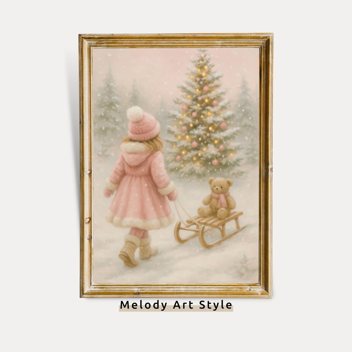 Little Girl Pulling Sled with Teddy Bear Pink Christmas Art Poster