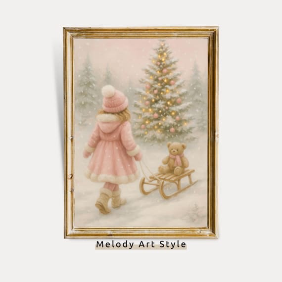 Little Girl Pulling Sled with Teddy Bear Pink Christmas Art Poster