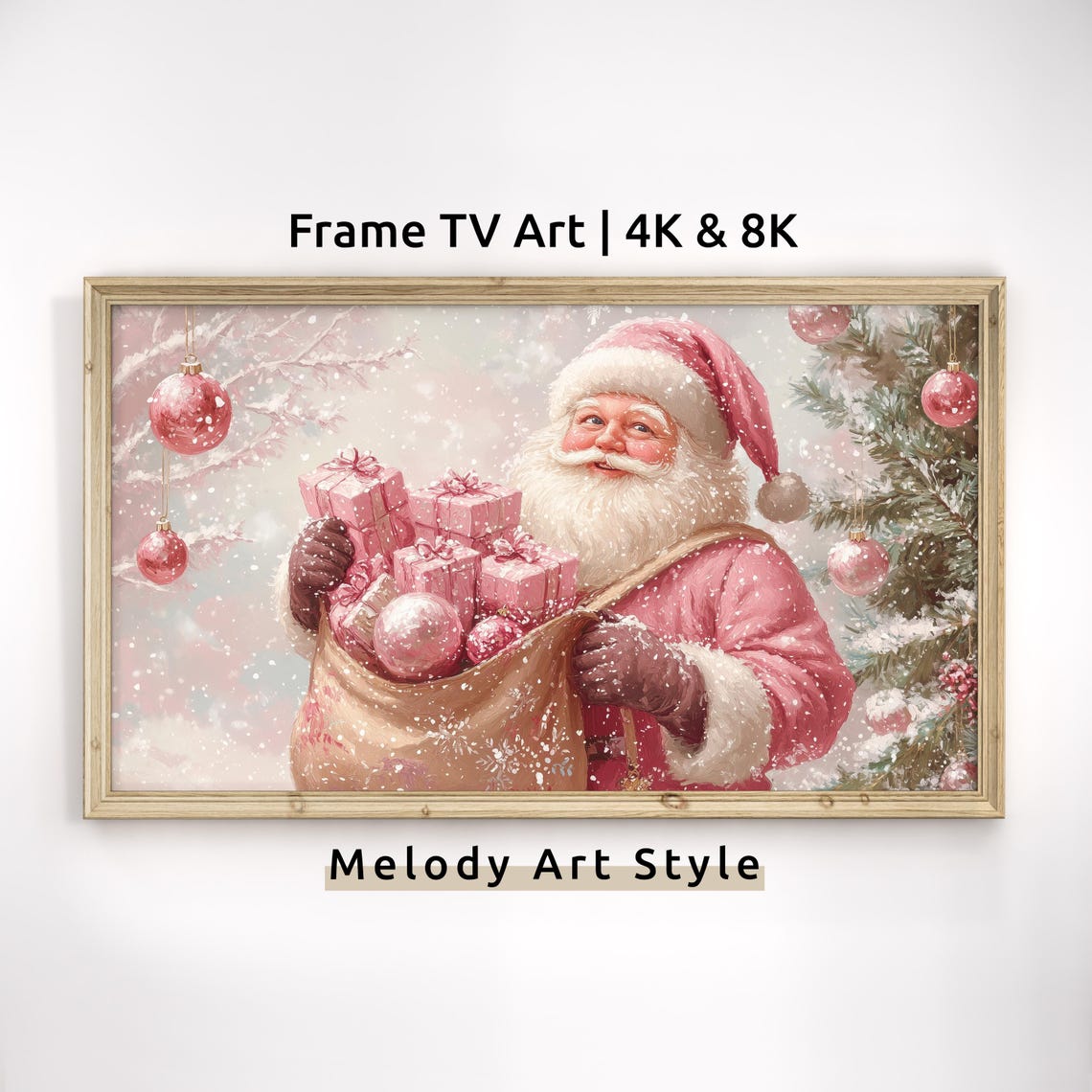 Pink Santa Claus Holding Gift Sack Snowy Christmas Tree Holiday Poster