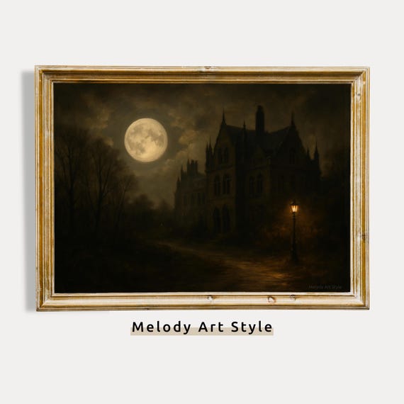 Haunted Mansion Moonlit Night Print Gothic Halloween Wall Art Dark Academia Spooky Castle Scene Full Moon P633