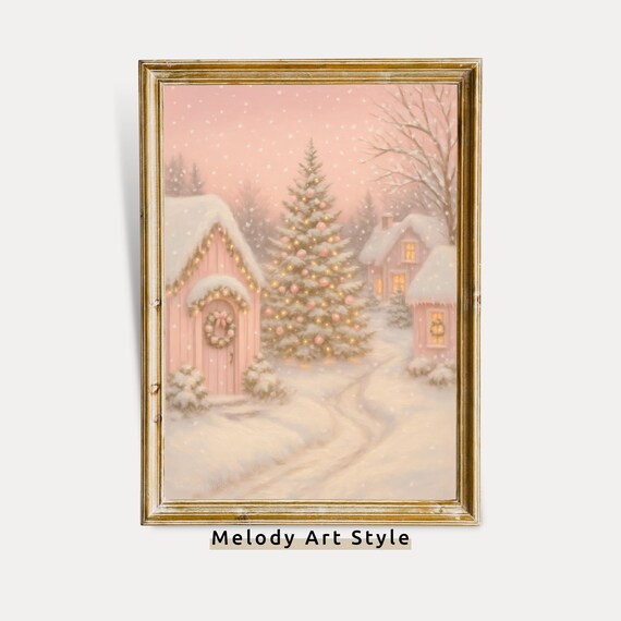 Pink Pastel Christmas Village Cottages Snowy Night Art Poster