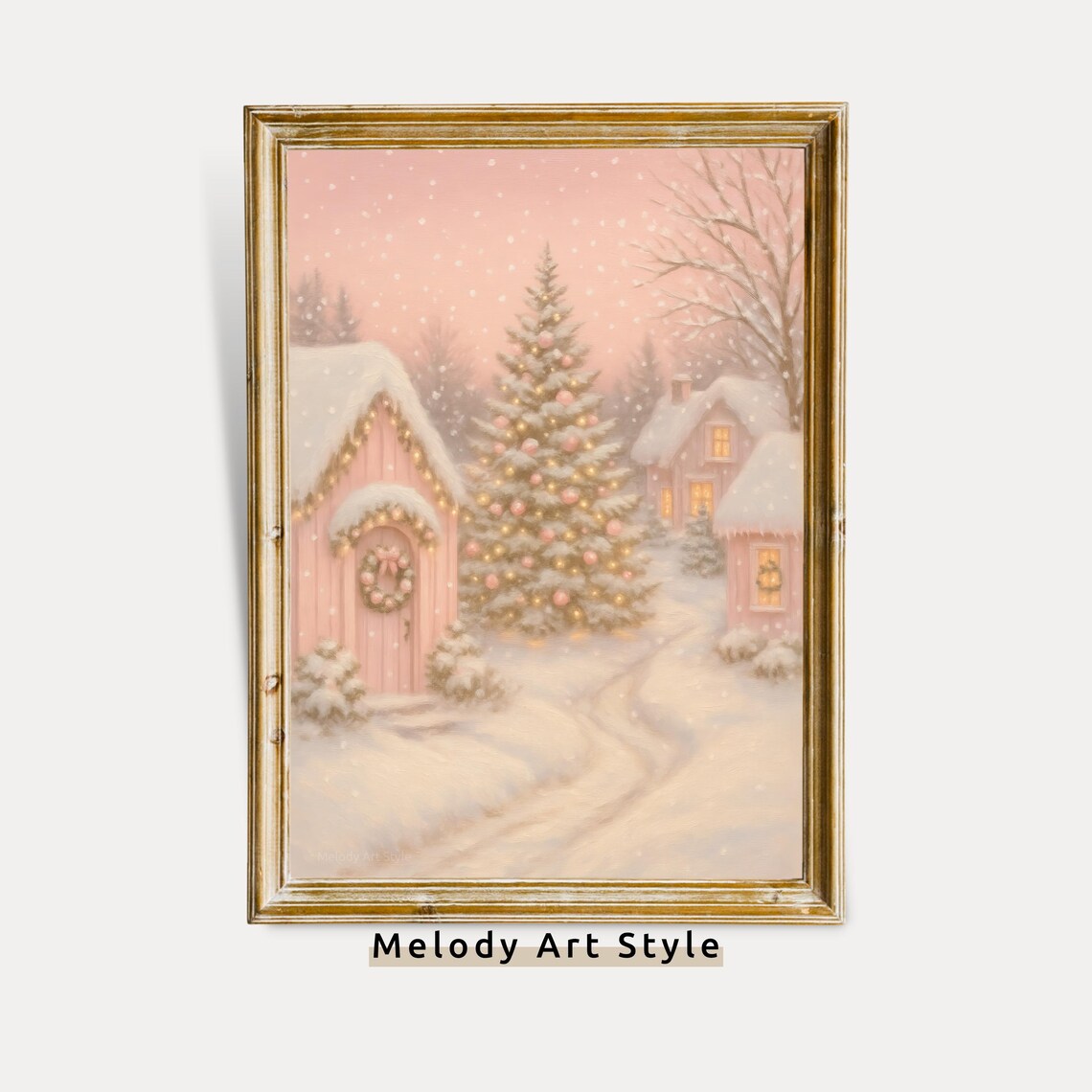 Pink Pastel Christmas Village Cottages Snowy Night Art Poster