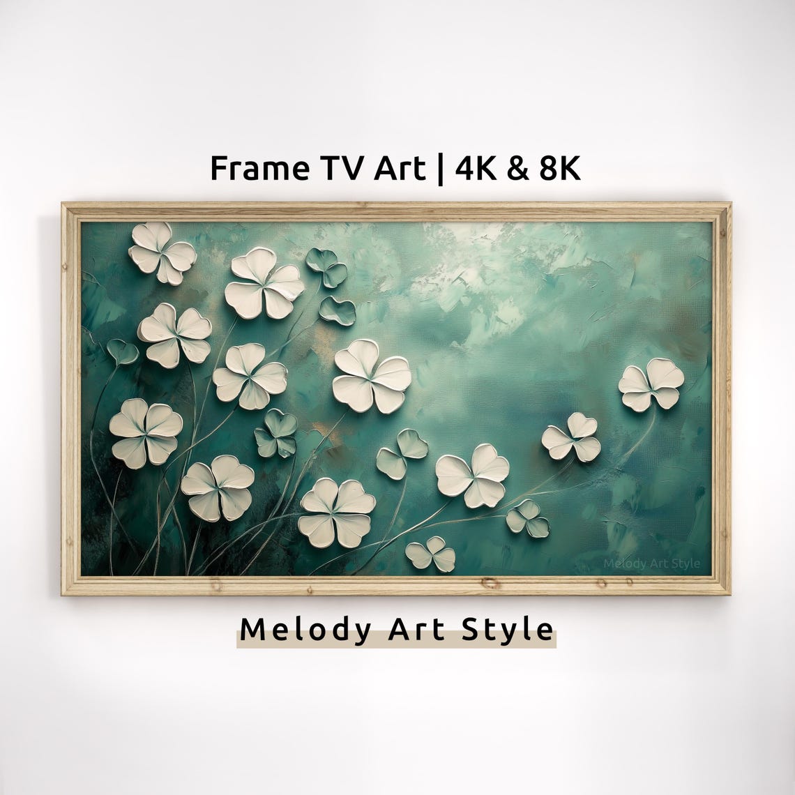 White Clover Blossoms Teal Textured Hand Painted Floral Poster