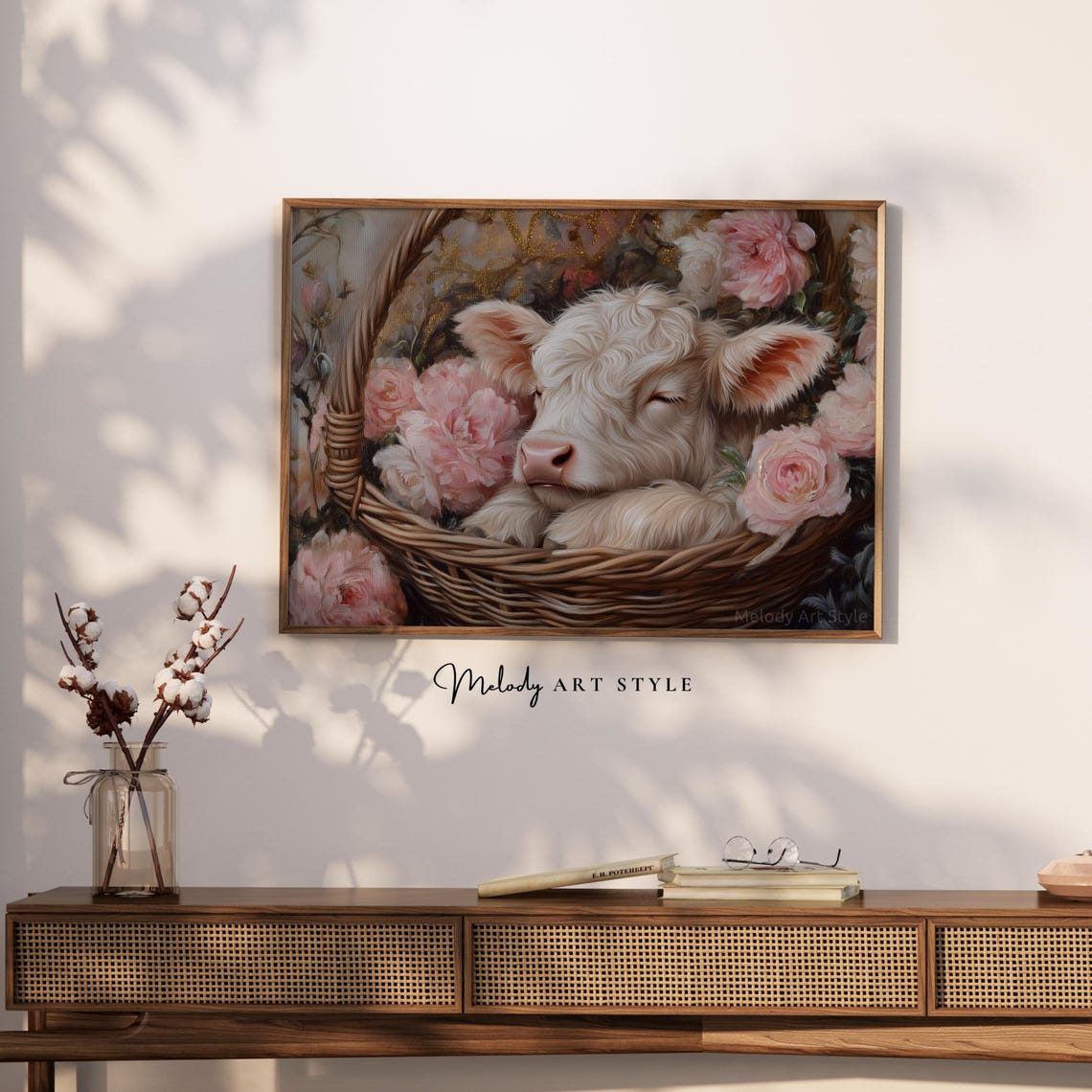 Sleeping Baby Calf In Basket With Pink Roses Cottagecore Wall Art - Image 2
