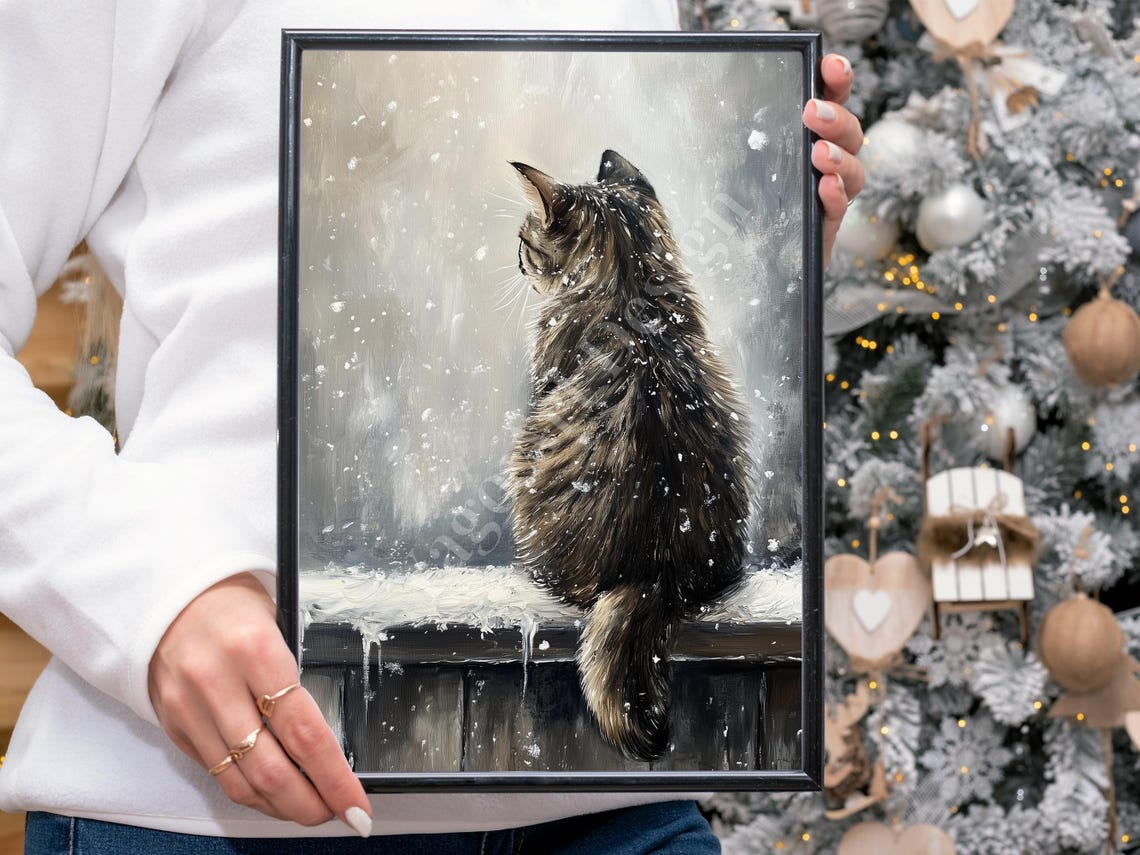 Tabby Cat Watching Falling Snow on Fence Moody Winter Art Poster - Image 4