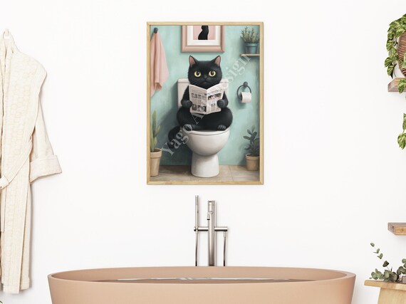 Black Cat On Toilet Reading Newspaper Mint Funny Bathroom Poster