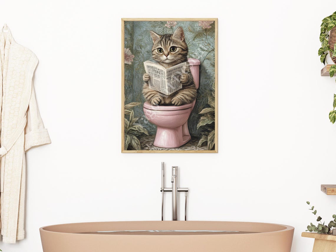 Tabby Kitten On Pink Toilet Reading Newspaper Funny Bathroom Poster