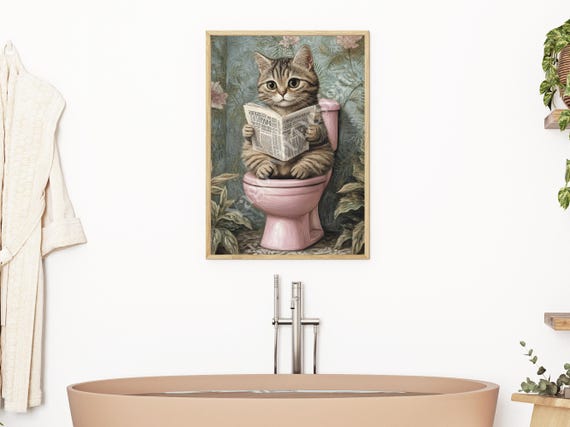 Kitten On Toilet Art Print Cute Bathroom Wall Decor Pooping Print Pink Painting Wall Art Bathroom Decor Cat In Bathroom Wall Art Decor