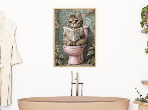 Tabby Kitten On Pink Toilet Reading Newspaper Funny Bathroom Poster
