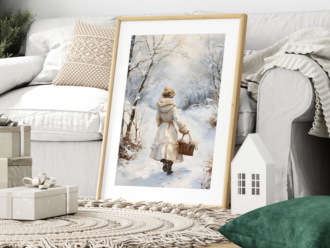 Woman Walking in Snowy Forest Vintage Winter Landscape Poster - Image 3