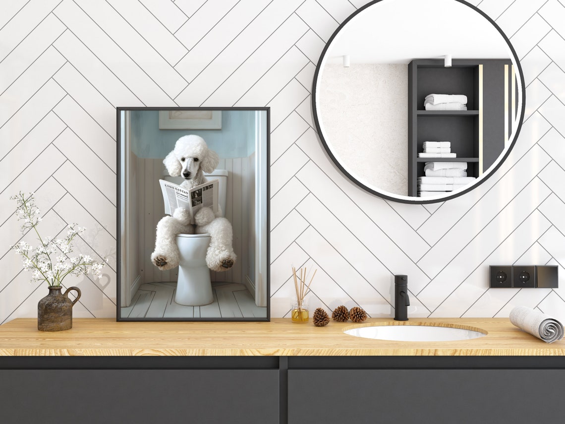 White Poodle Reading Newspaper on Toilet Fun Bathroom Decor Poster - Image 2