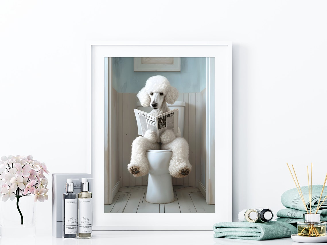 White Poodle Reading Newspaper on Toilet Fun Bathroom Decor Poster - Image 4
