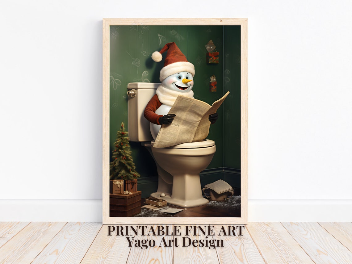 Cheerful Snowman On Toilet Reading Newspaper Funny Christmas Poster