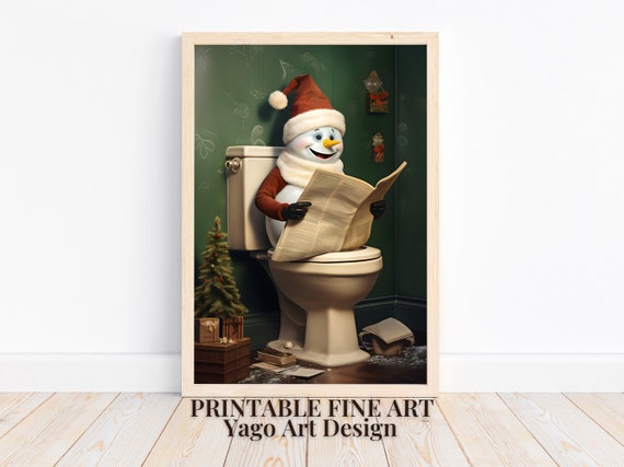 Christmas Cute Snowman On Toilet Print Cute Snowman In Bathroom Funny Bathroom Art Holiday Bathroom Decor Christmas Painting