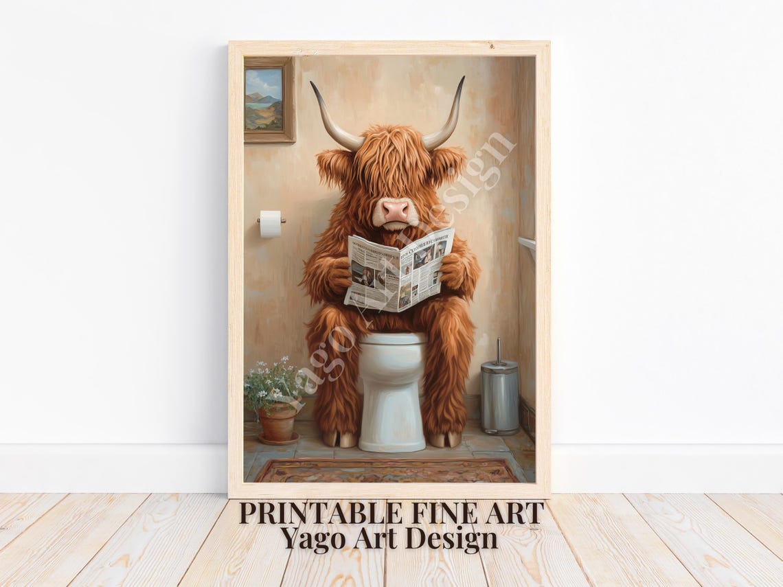 Highland Cow Reading Newspaper on Toilet Poster Rustic Bathroom Art