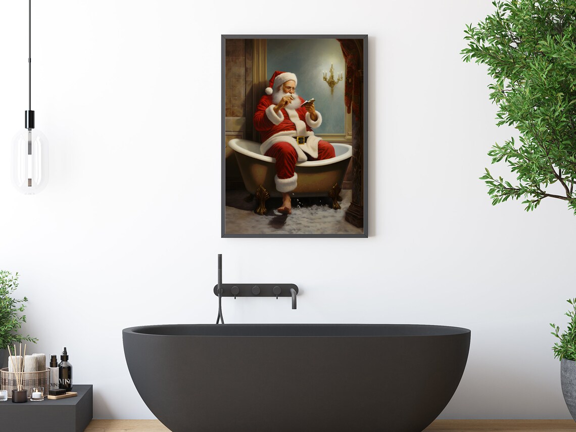 Santa Reading Book In Copper Bathtub Vintage Christmas Poster - Image 3