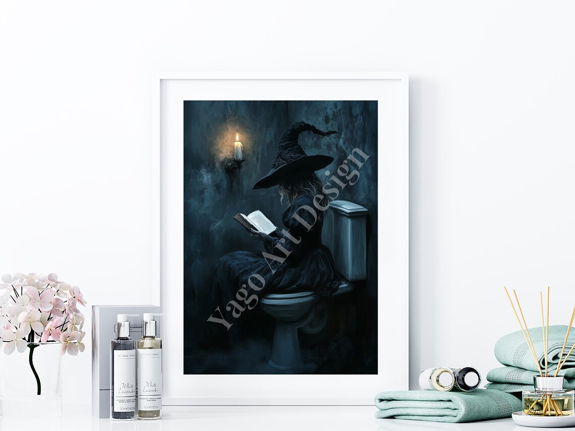 Spooky Witch Reading Book on Toilet Dark Halloween Art Poster - Image 4