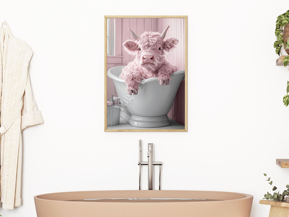 Pink Highland Cow in Bathtub Poster Trendy Pastel Bathroom Decor - Image 2
