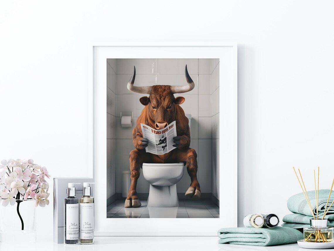 Funny Bull Reading Newspaper on Toilet Quirky Bathroom Art Poster - Image 4