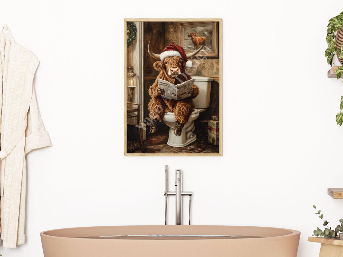 Highland Cow in Santa Hat Reading Newspaper Funny Christmas Poster - Image 2