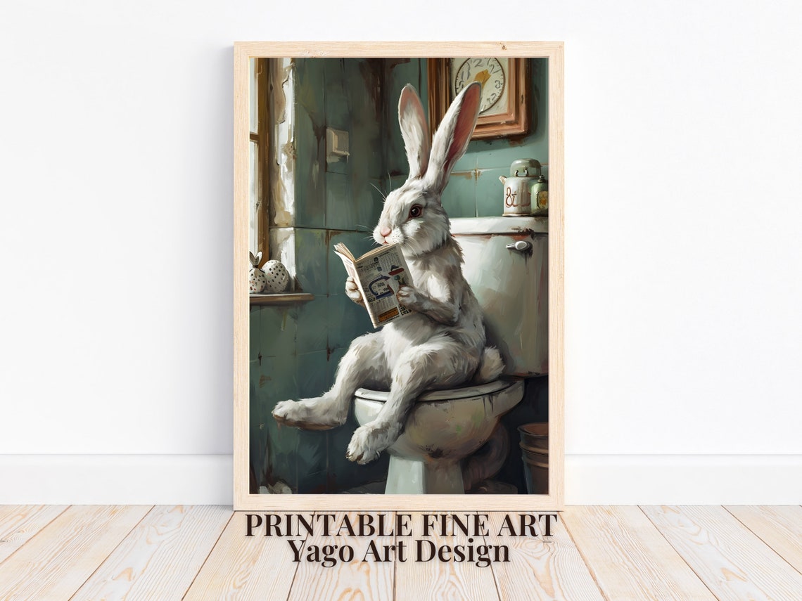 Easter Bunny On Toilet Wall Art Print Rabbit In Bathroom Wall Decor Bathroom Animal Art Prints Funny Bathroom Decor Cute