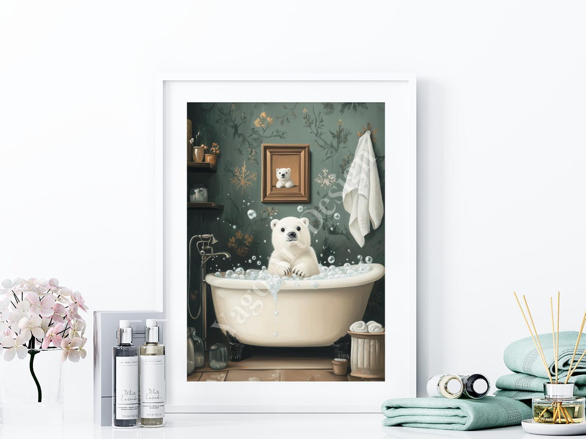 Polar Bear Cub in Bubble Bath Poster Winter Nursery Decor Art - Image 4