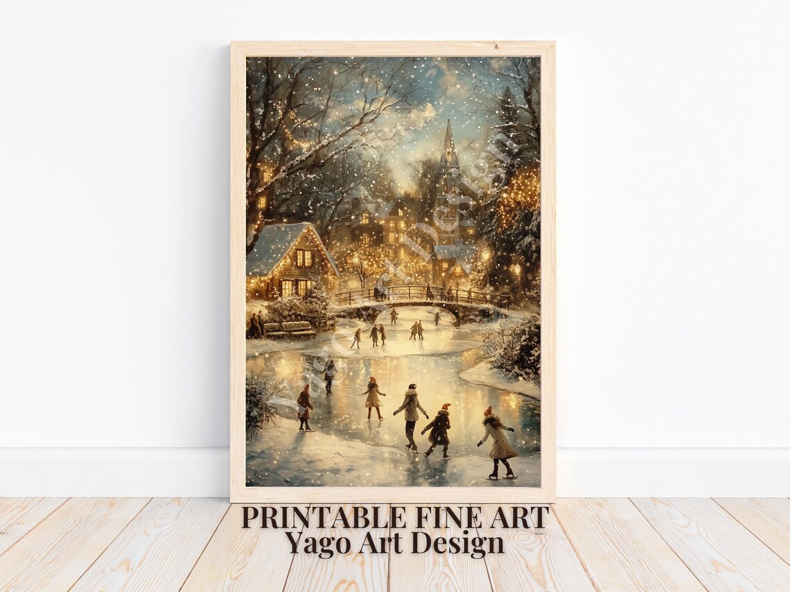 Winter Ice Skating Village Scene Poster Vintage Holiday Snow Art